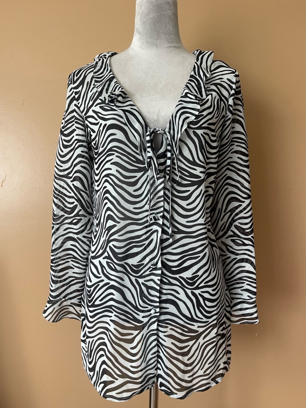 Victoria Secret Zebra Print Sheer Tie-Front Long Sleeve Blouse size small